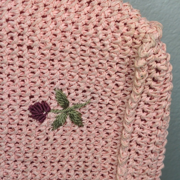 Vintage Charter Club Pink Straw Bag Purse Flower Buds Preppy Cottagecore - Picture 4 of 11